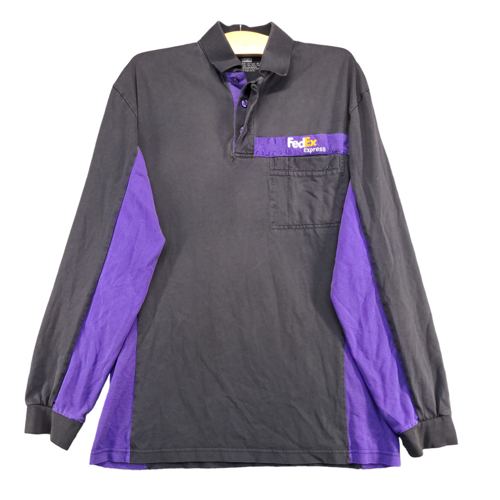 FedEx Express Men's Stan Herman Long Sleeve Polo Shirt Black Purple Size M